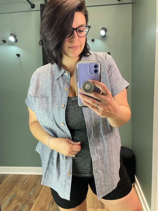 Navy Pinstripe Button Top