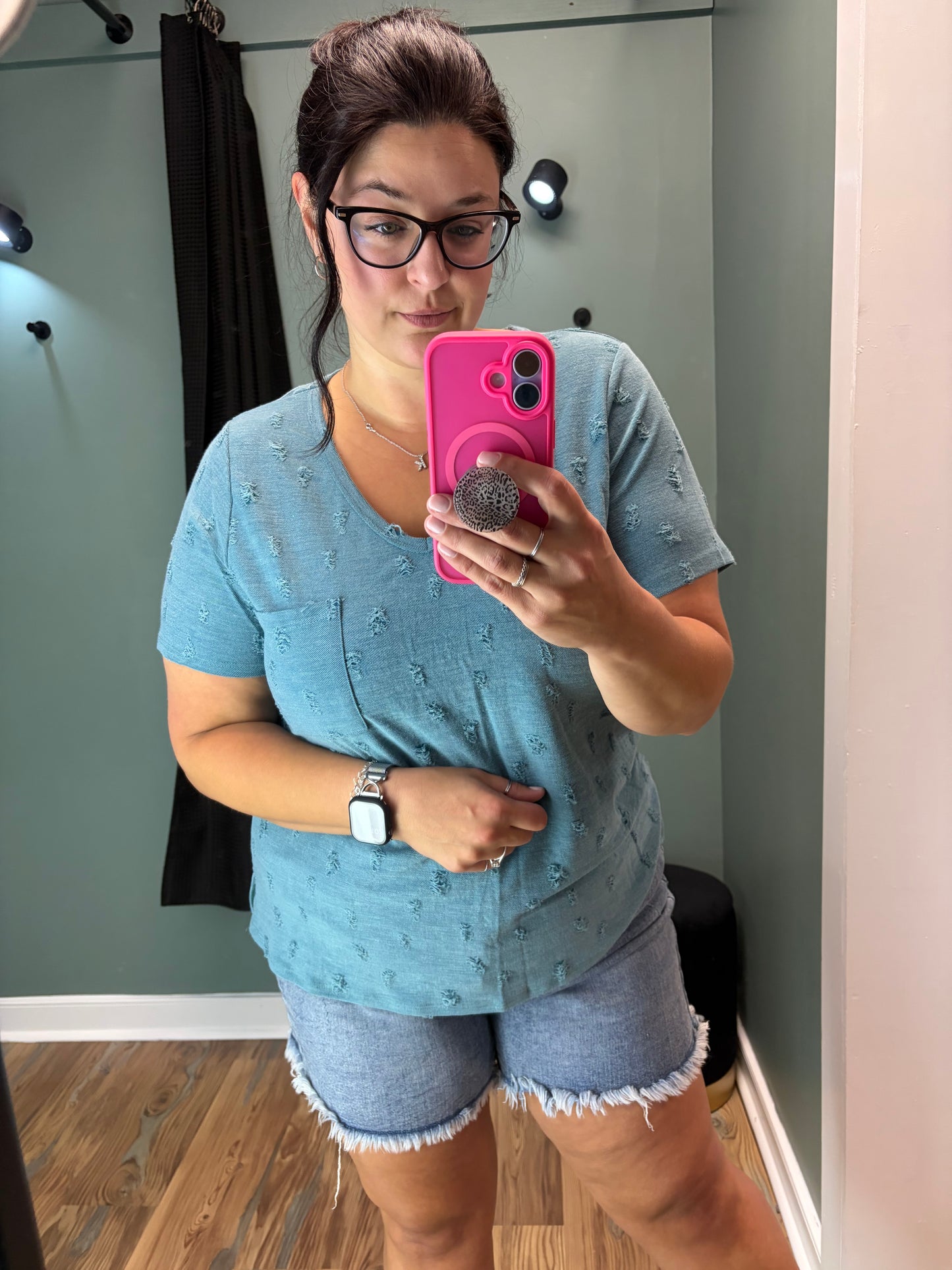Teal Distressed V Neck