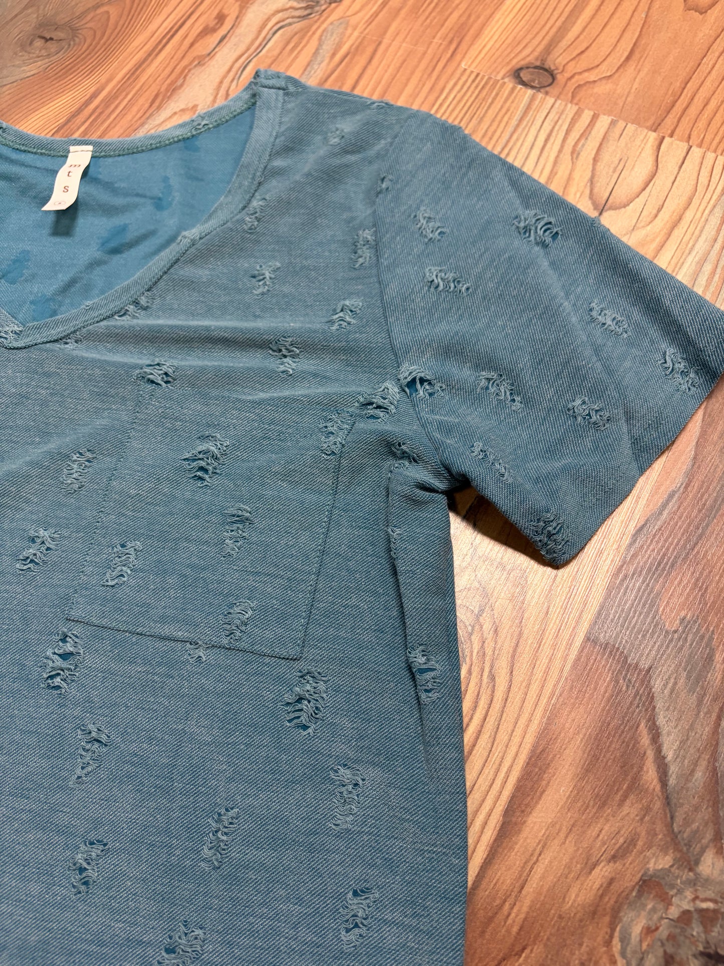 Teal Distressed V Neck