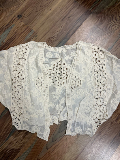 Beige One Size Open Front Eyelet Cardigan