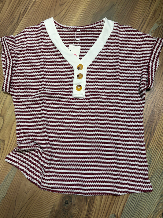Wine White Striped V Neck