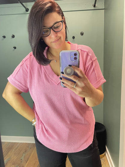 Pink Urban Ribbed Short Sleeve V Neck