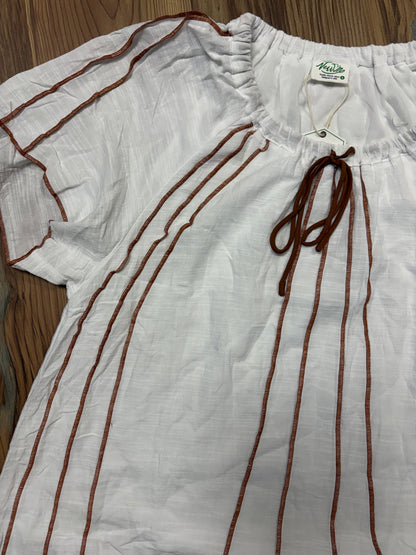 White Brown Tie Mini Peasant Dress