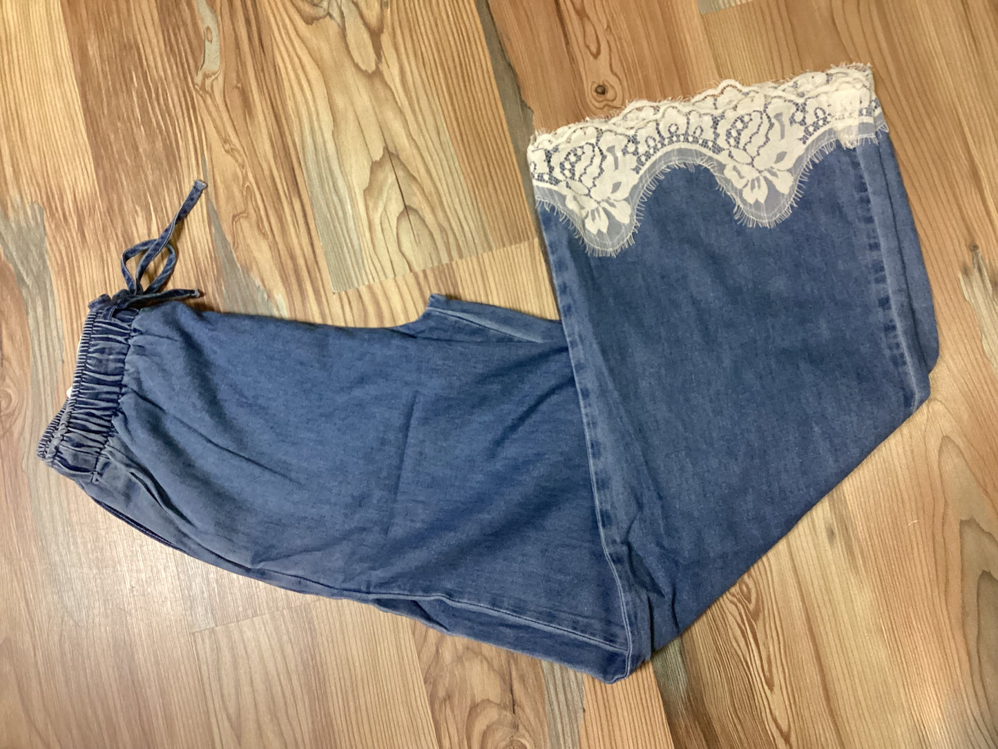 Chambray Wide-Leg Pants Lace Hem