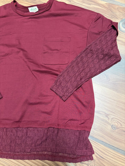 Wine Oversized Lace Long Sleeve