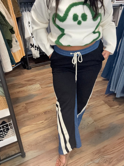 Black Cream Contrast Elastic Waist Denim