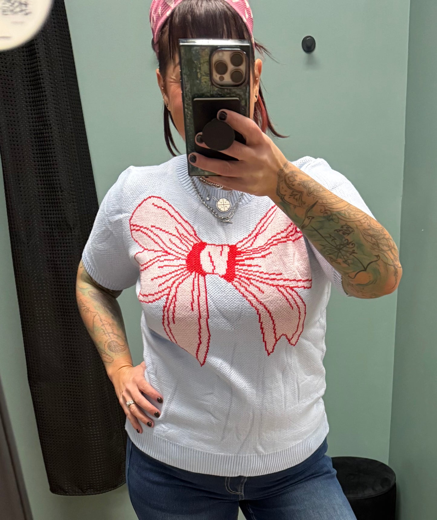 Light Blue Bow Short Sleeve Sweater