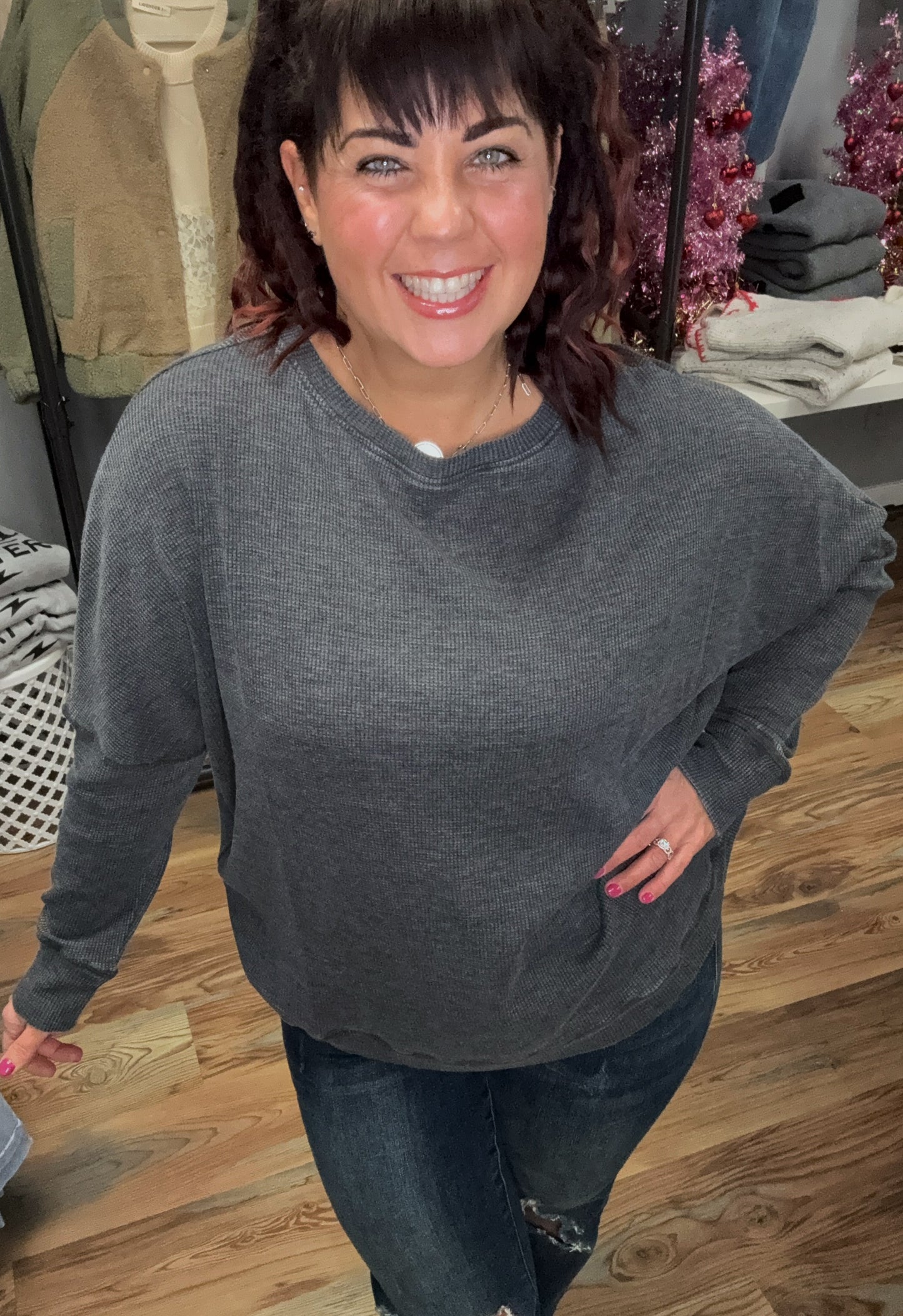 One Size Charcoal Waffle Long Sleeve