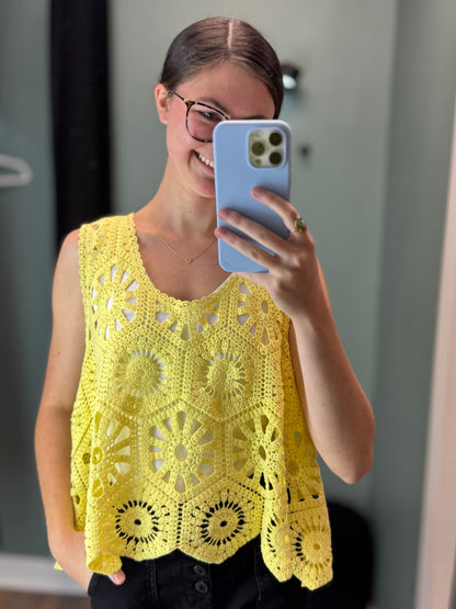 Yellow One Size Crochet Crop Tank