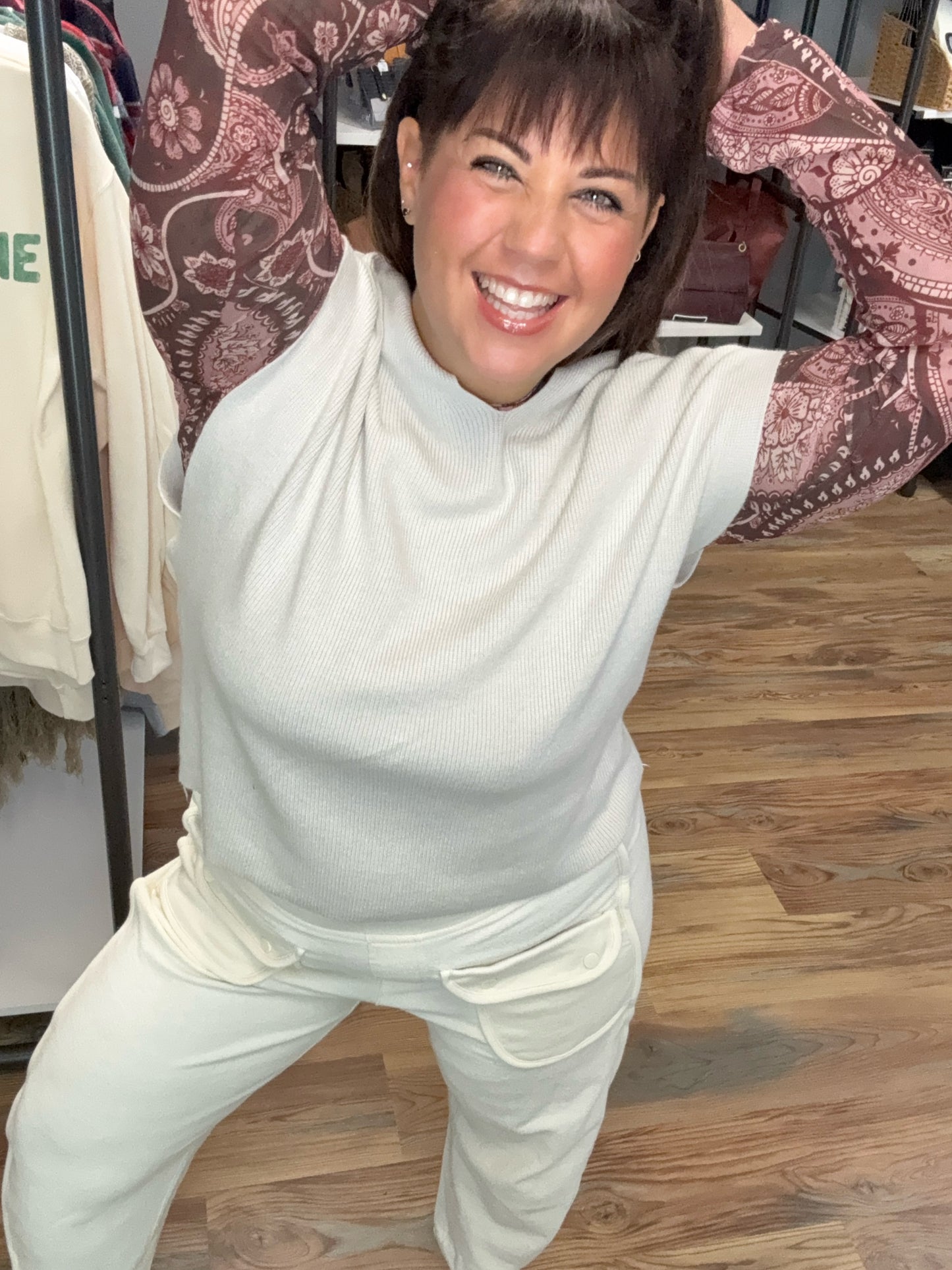 One Size Cream Ribbed Cap Sleeve Vest