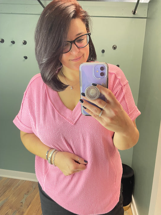 Pink Urban Ribbed Short Sleeve V Neck