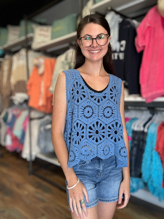 Blue One Size Crochet Crop Tank