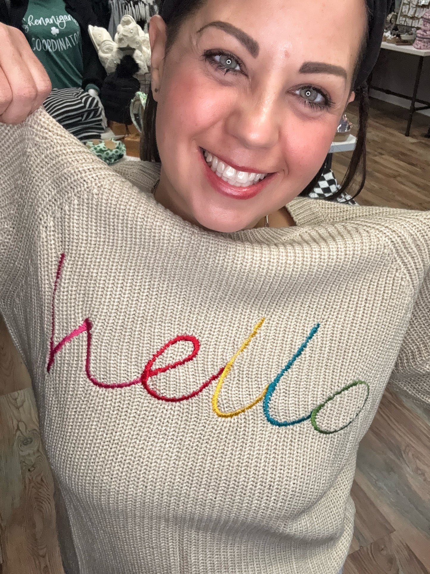 Annie Wear HELLO Embroidered Raglan Sleeve Sweater