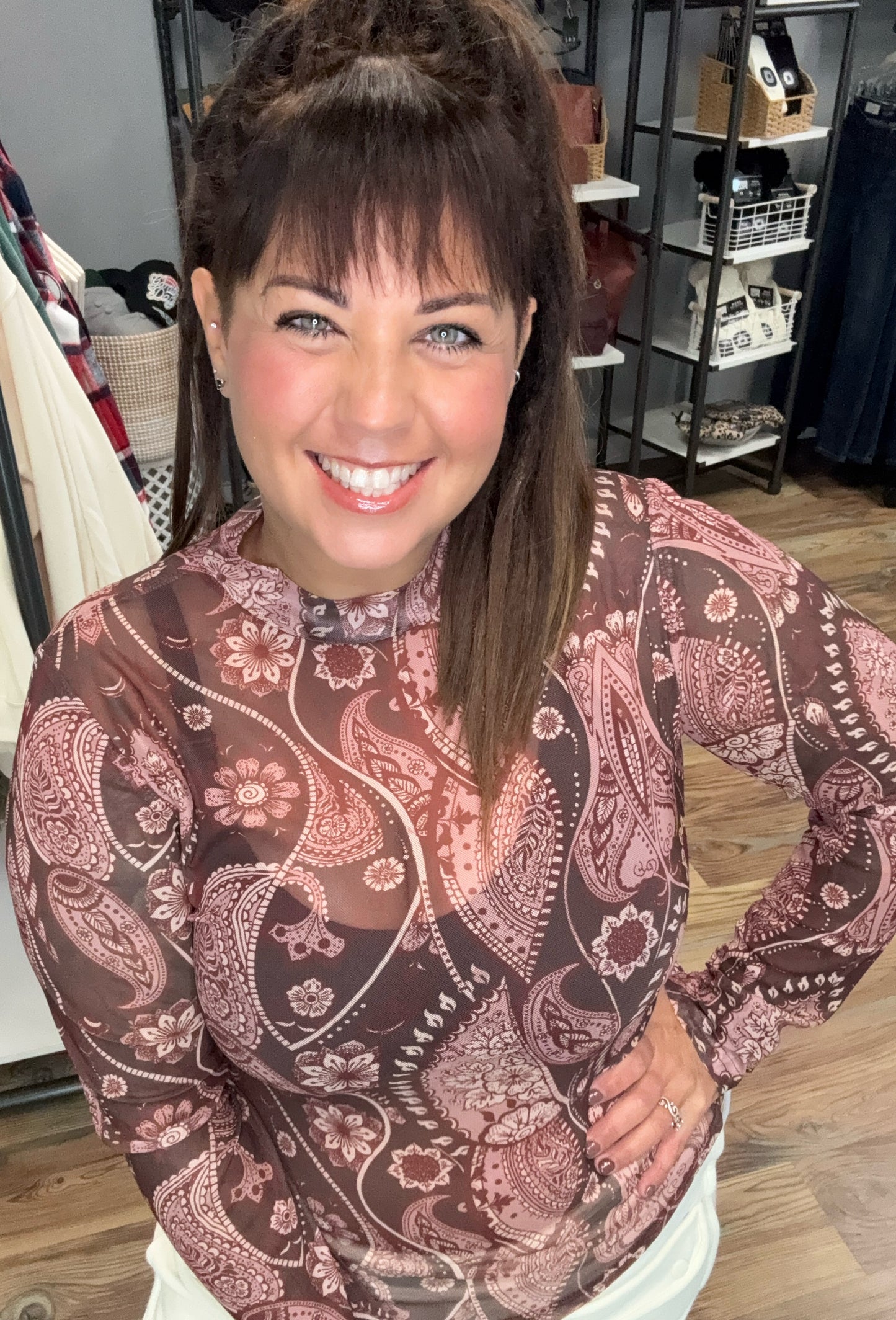 Paisley Print Mesh Top