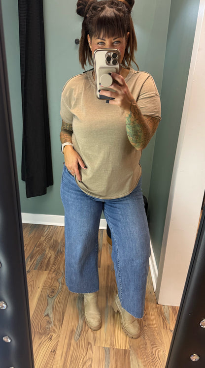 Washed Khaki Exposed Seam Crew Neck