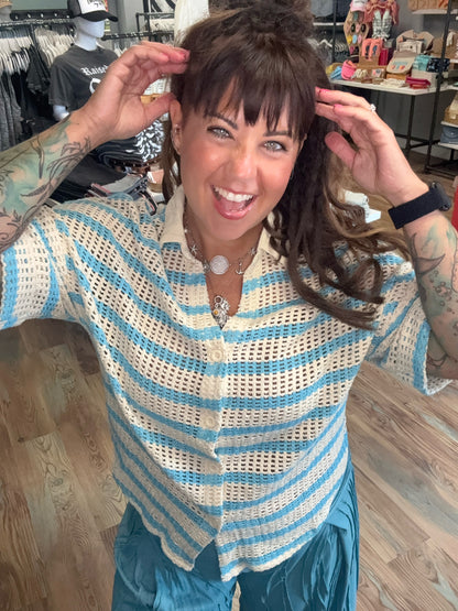 Aqua Striped Button Up