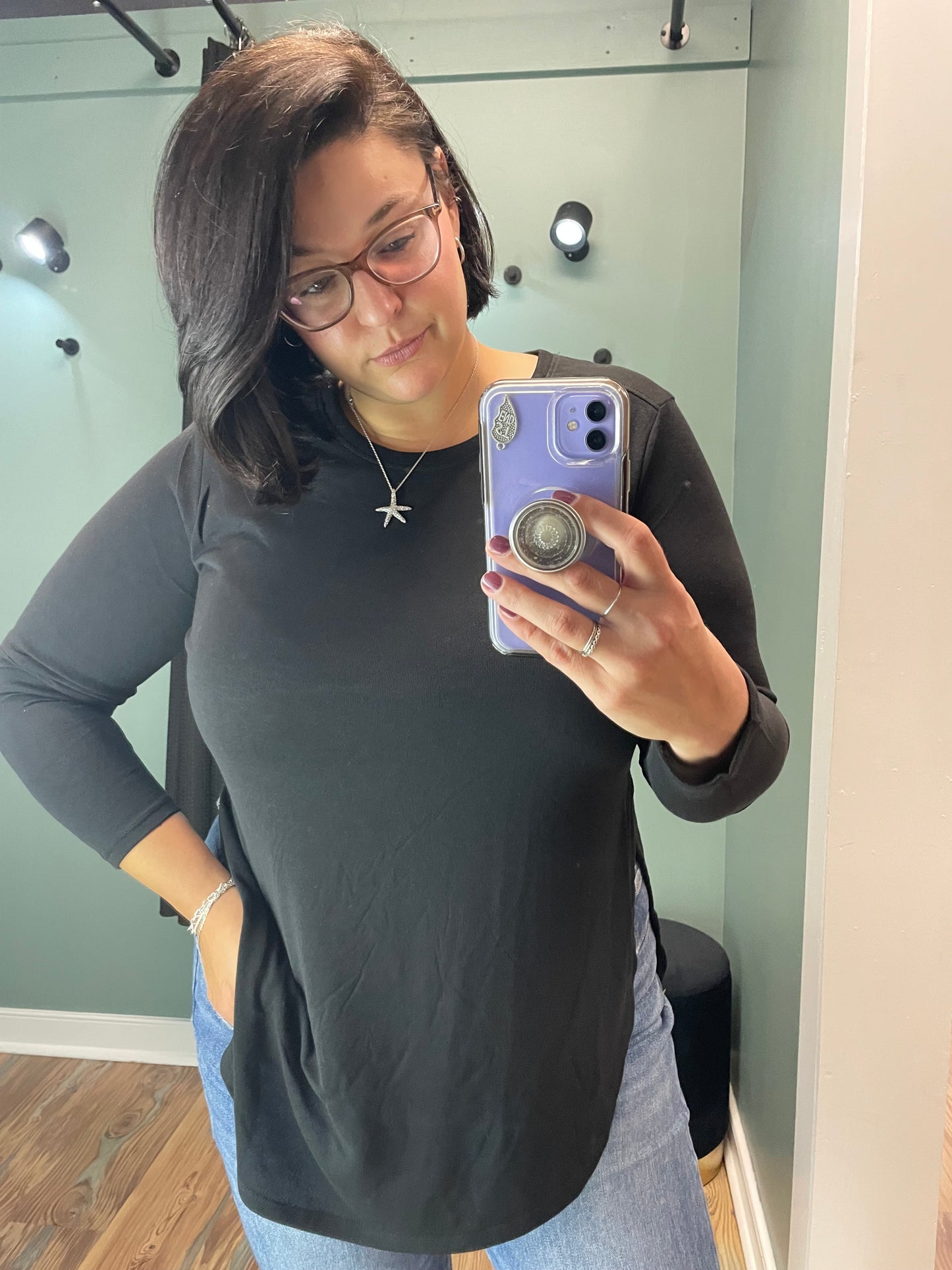 Black Long Sleeve Side Slit Top