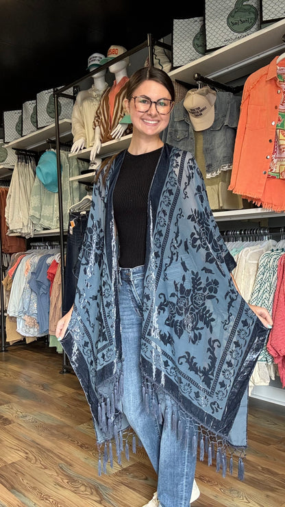 One Size Blue Velvet Tassel Kimono