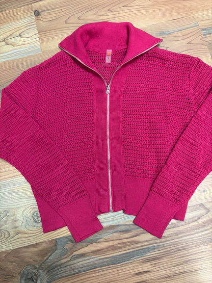 Magenta Collared Open Knit Zip
