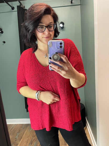 Red Open Knit High Low Sweater