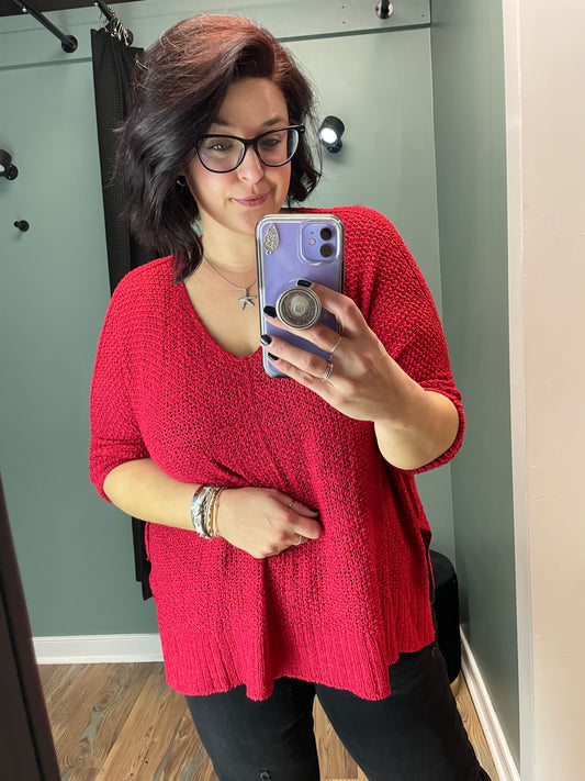 Red Open Knit High Low Sweater
