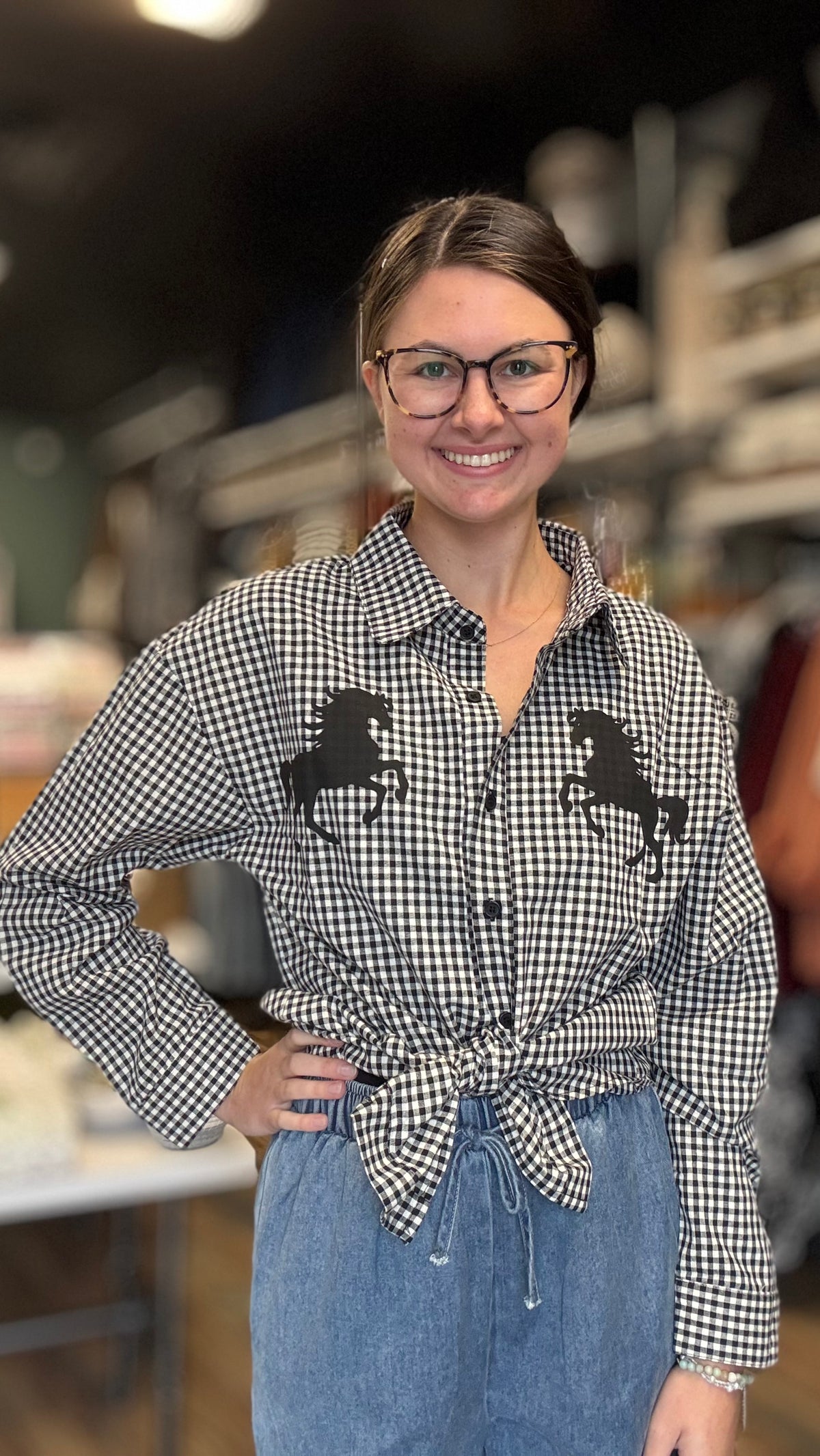 Black Gingham Horse Button Down