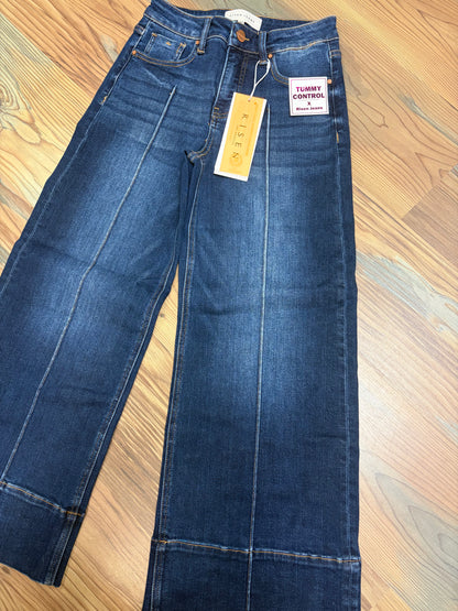 Risen Dark High Waist Pin Tuck Wide Leg Jeans