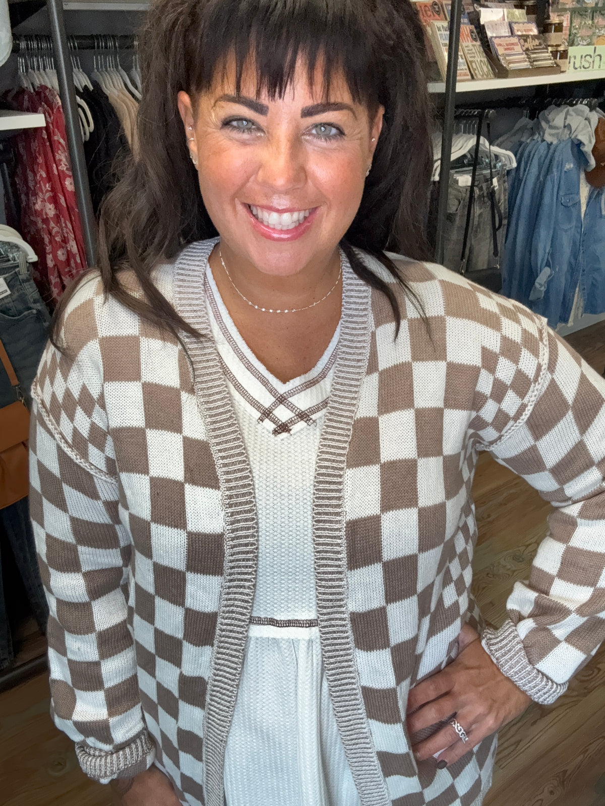 Checkered Open Front Cardigan