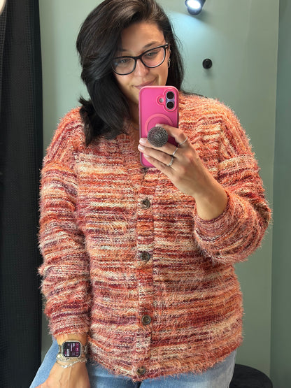 Red Tonal Fuzzy V Neck Button Cardi