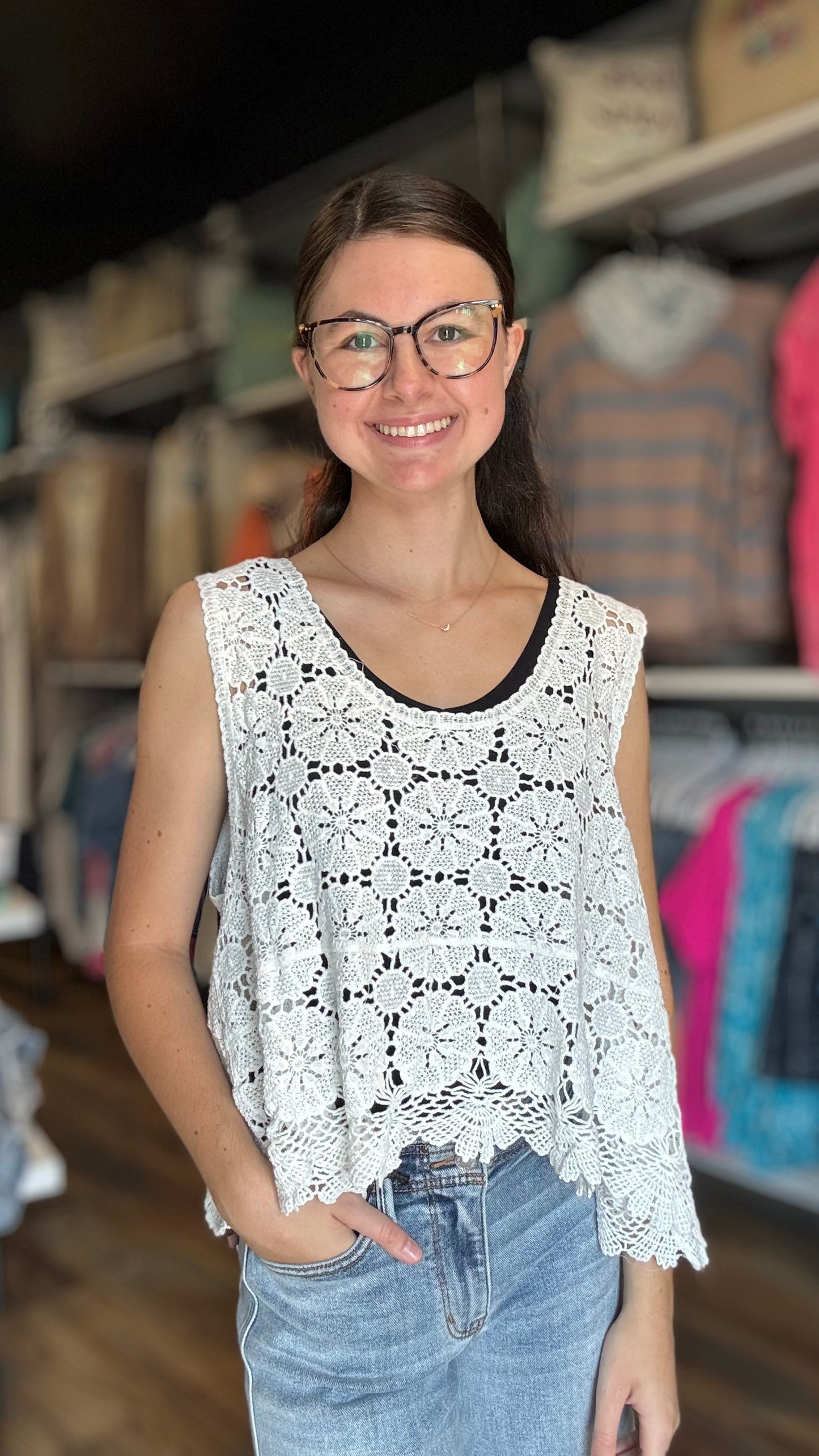 White One Size Crochet Crop Tank