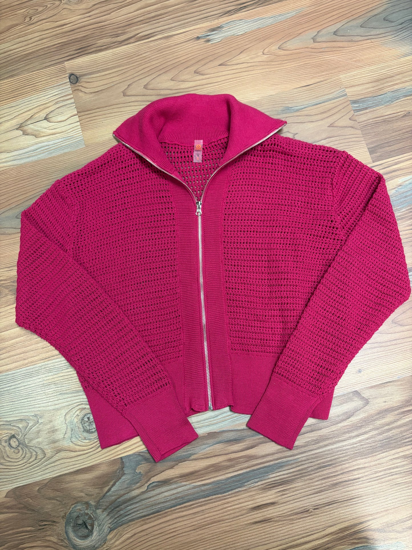 Magenta Collared Open Knit Zip