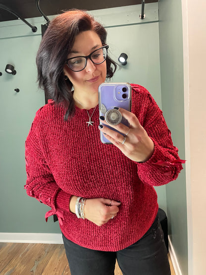 Wine Lace Up Sleeve Sweater