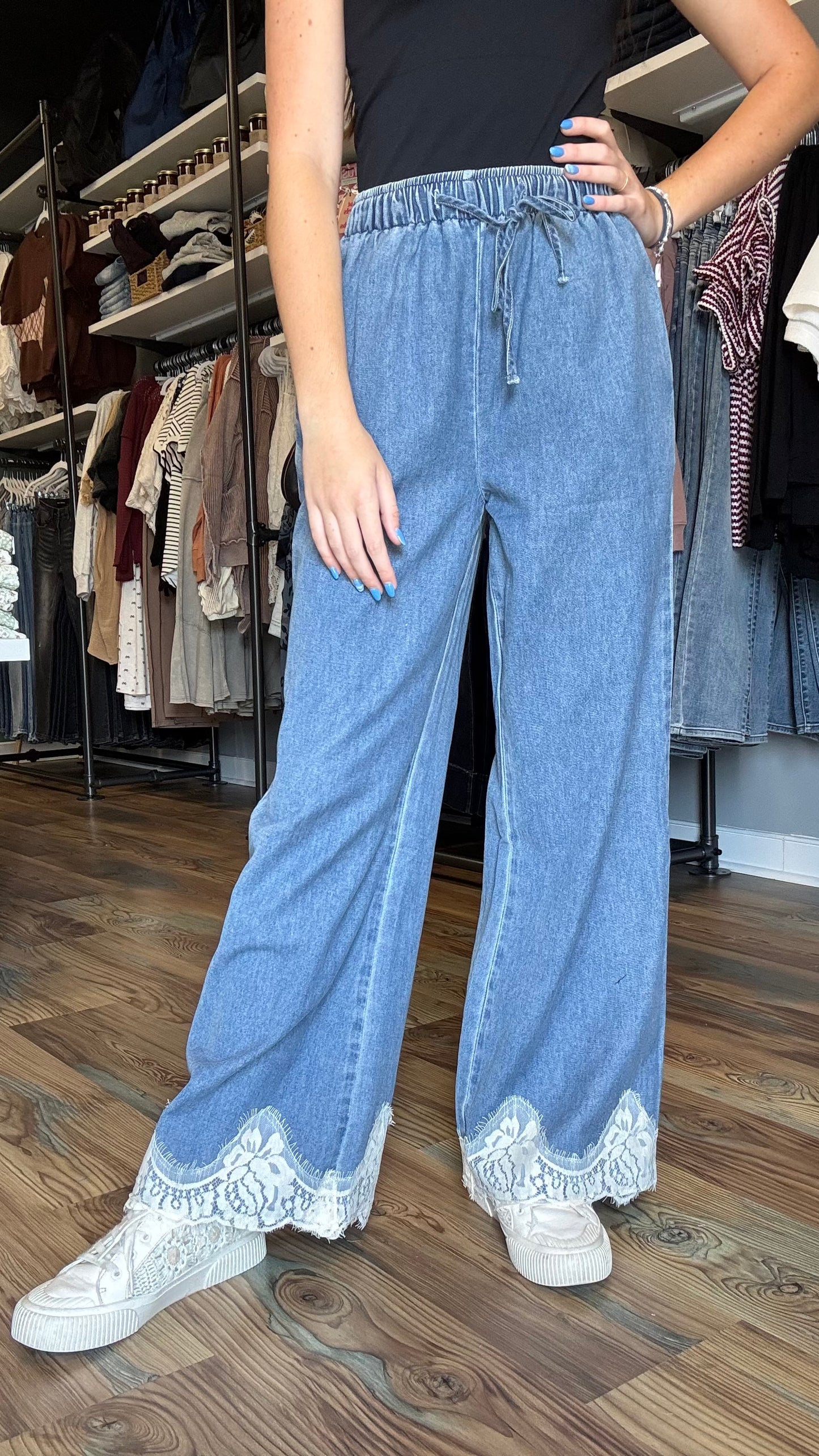 Chambray Wide-Leg Pants Lace Hem