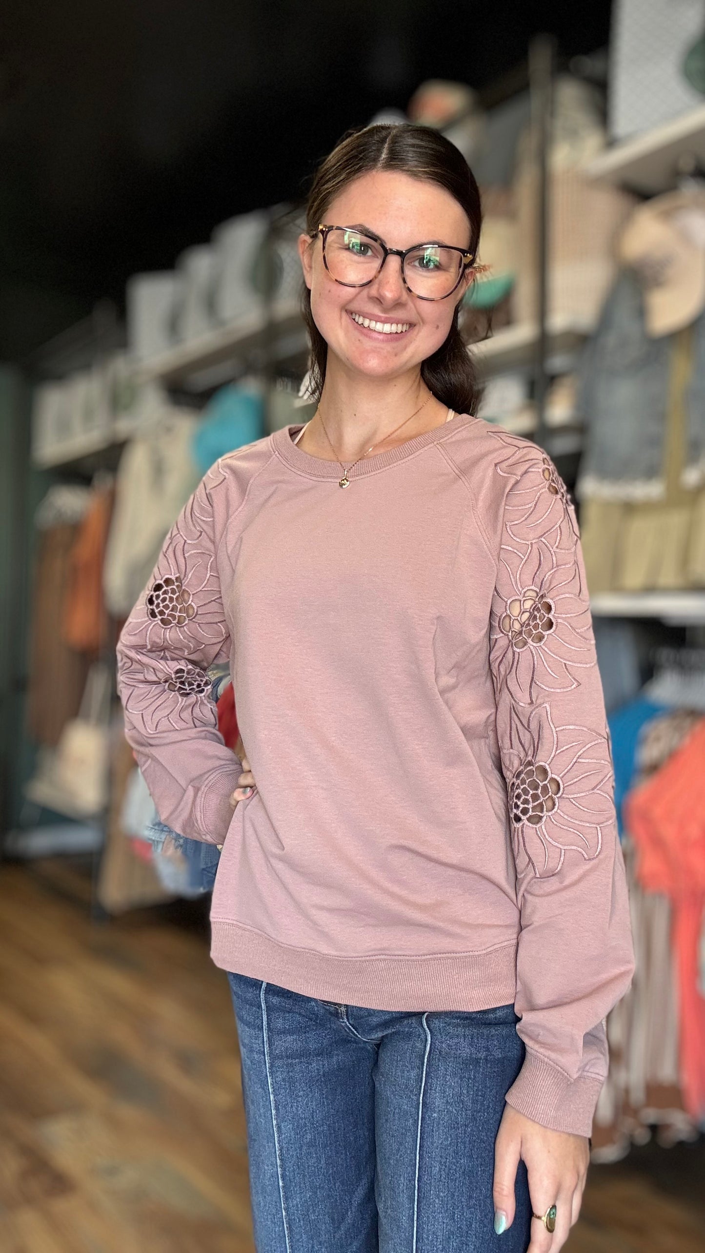 Mauve Flower Embroidered Long Sleeve