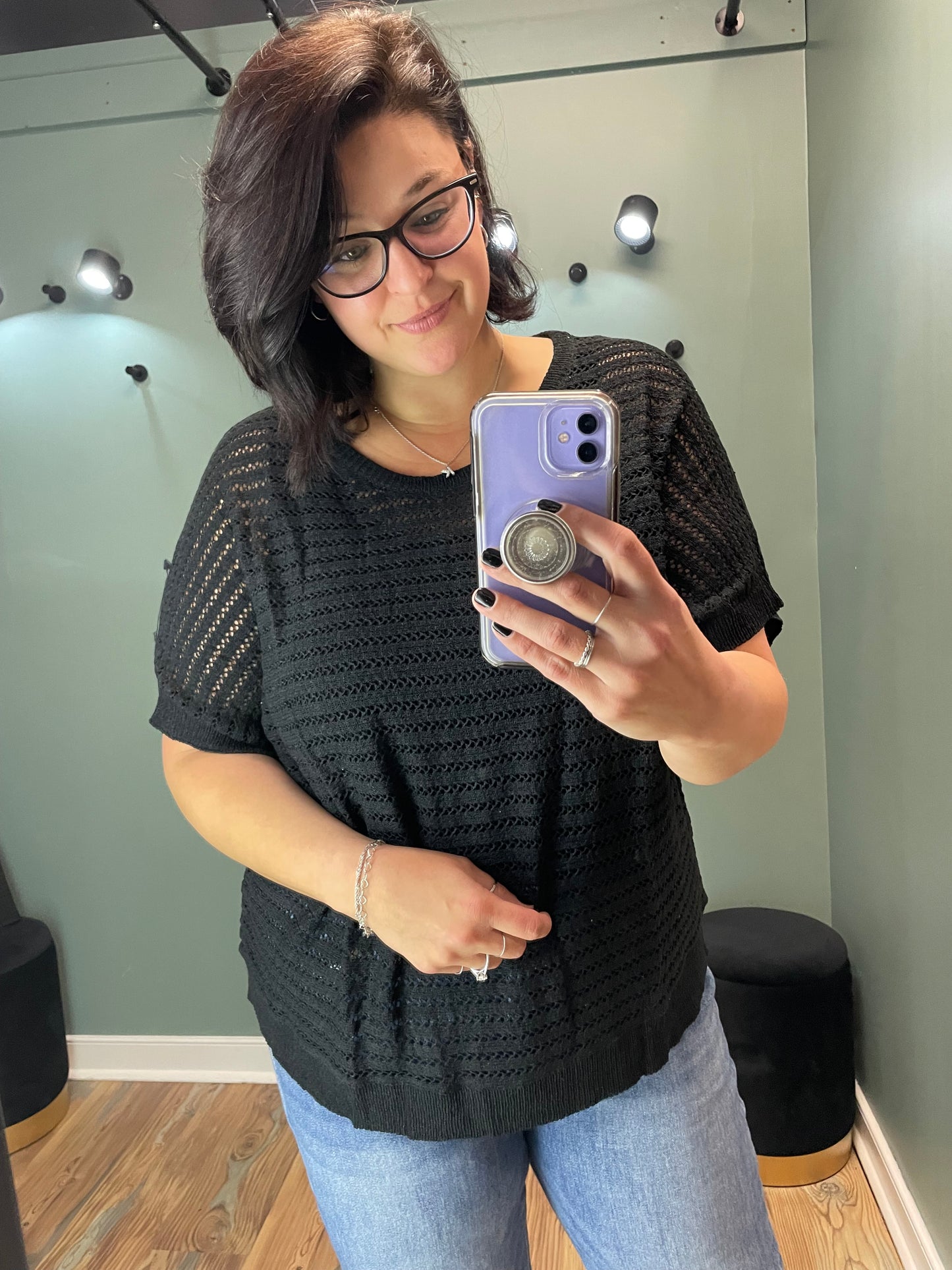 Black Open Knit Short Sleeve