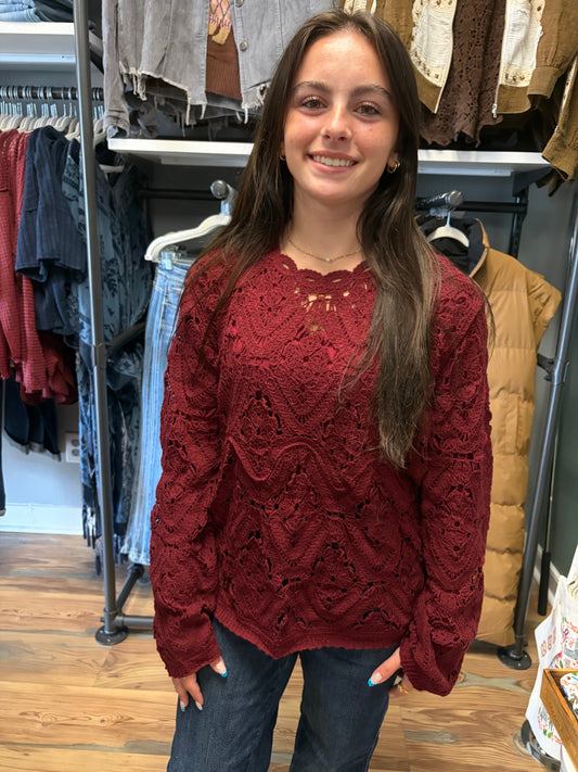 Burgundy Crochet Long Sleeve One Size