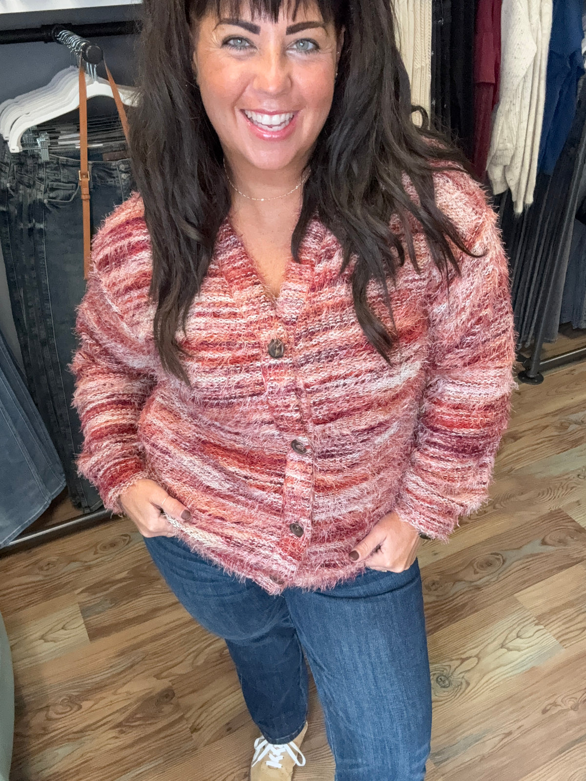 Red Tonal Fuzzy V Neck Button Cardi