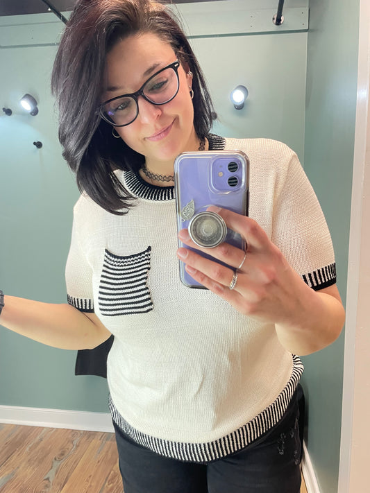 Beige Black Short Sleeve Knit