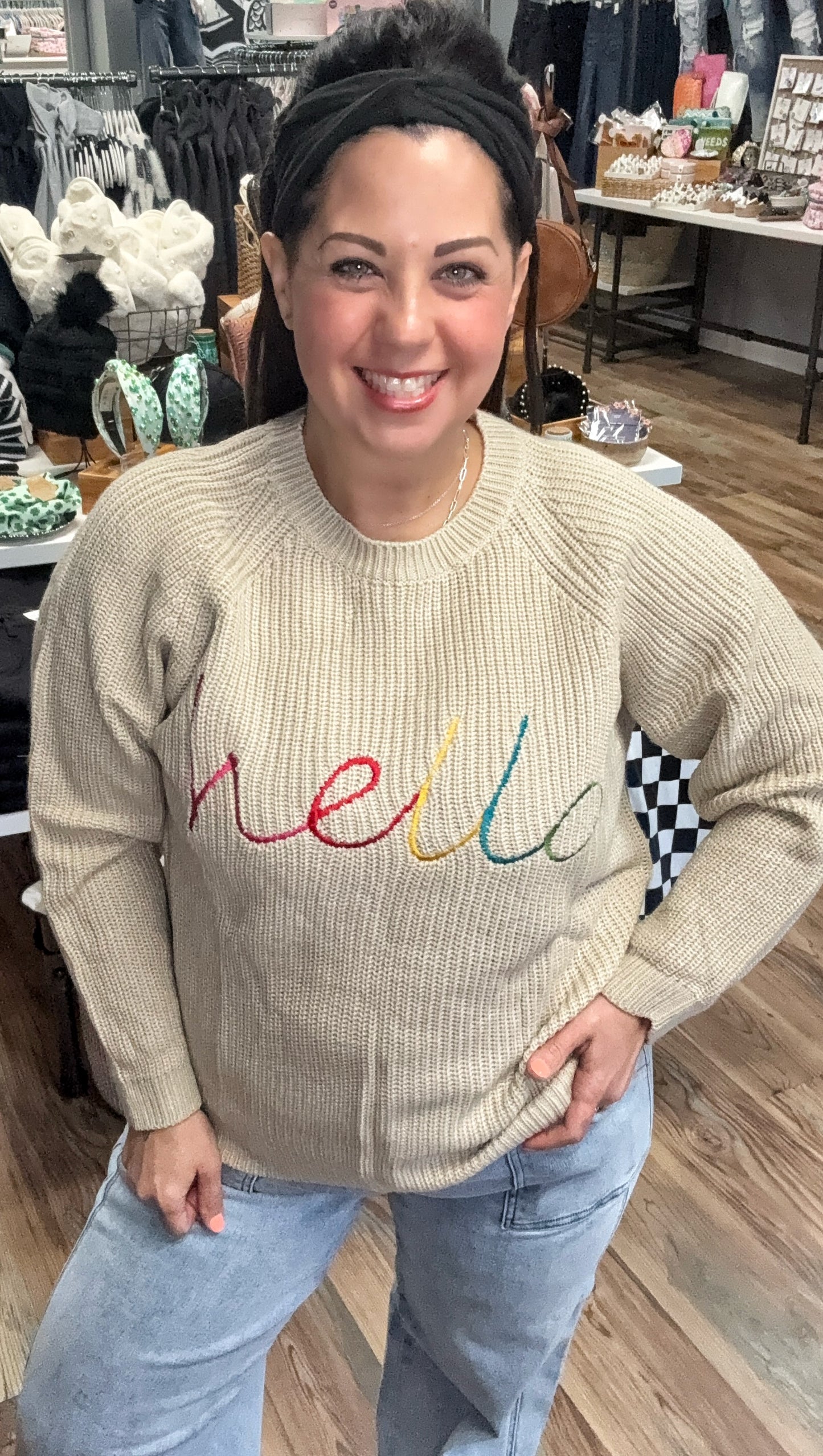 Annie Wear HELLO Embroidered Raglan Sleeve Sweater