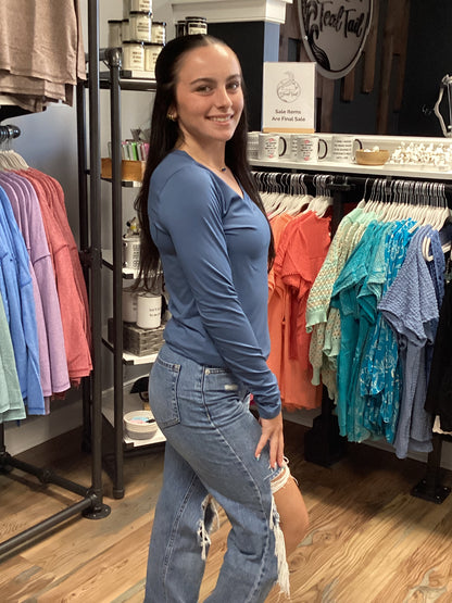Zenana Softy V Neck Dusty Blue