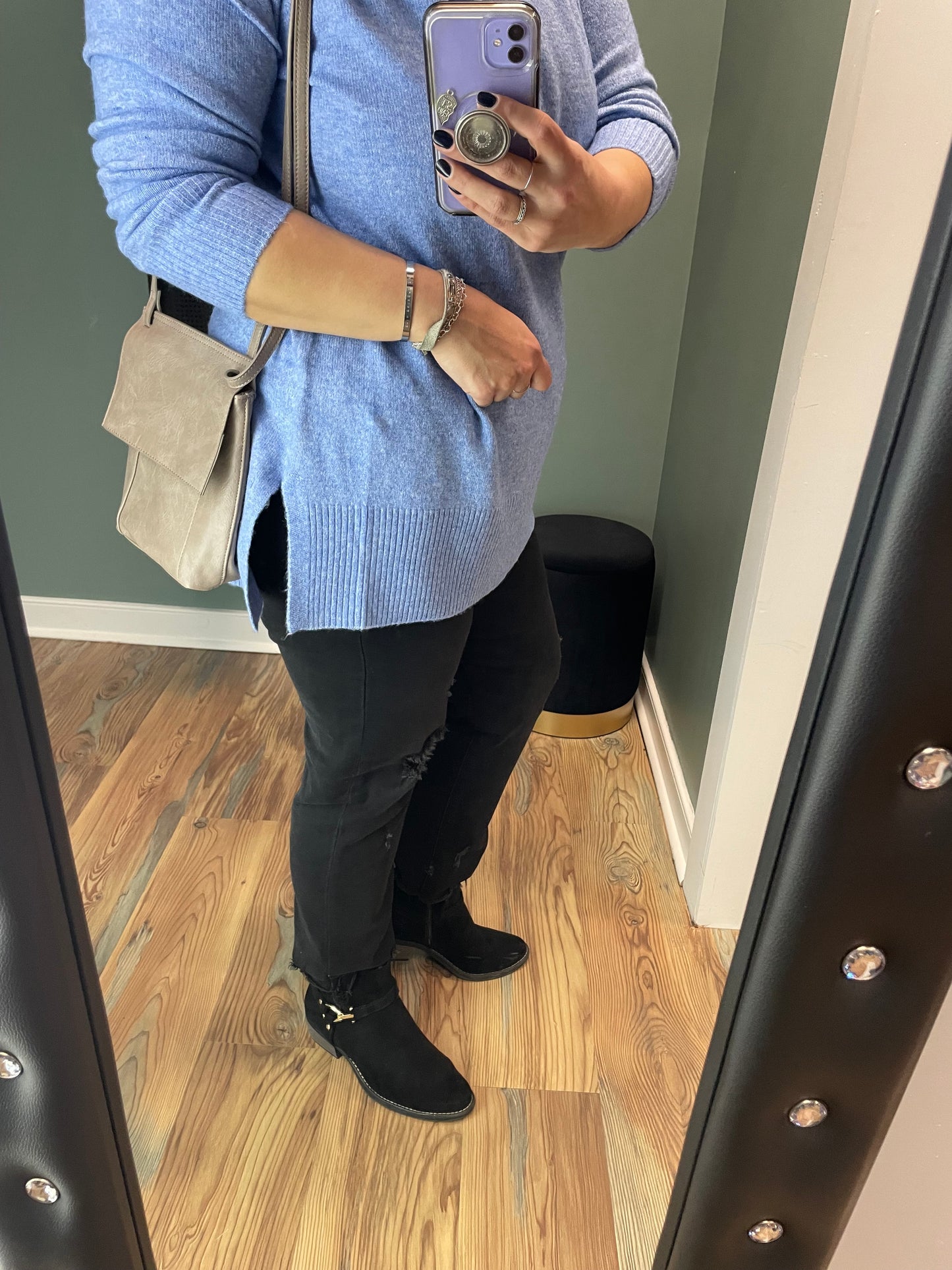 Blue Crew Neck Side Slit Tunic Sweater