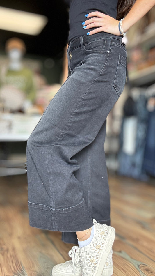 Risen Washed Black High Waist Pin Tuck Wide Leg Jeans