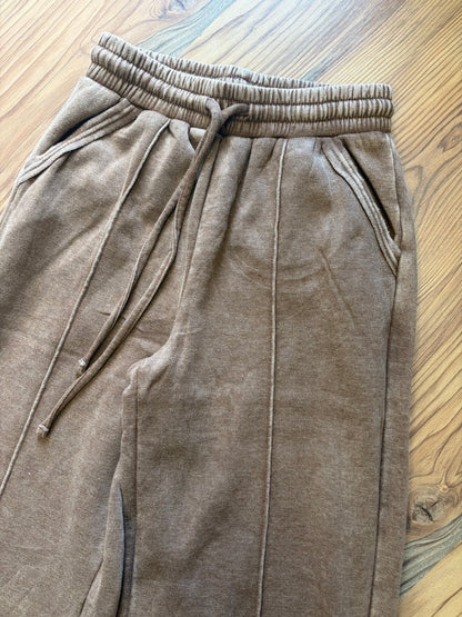 Mocha Acid Wash Fleece Wide Leg