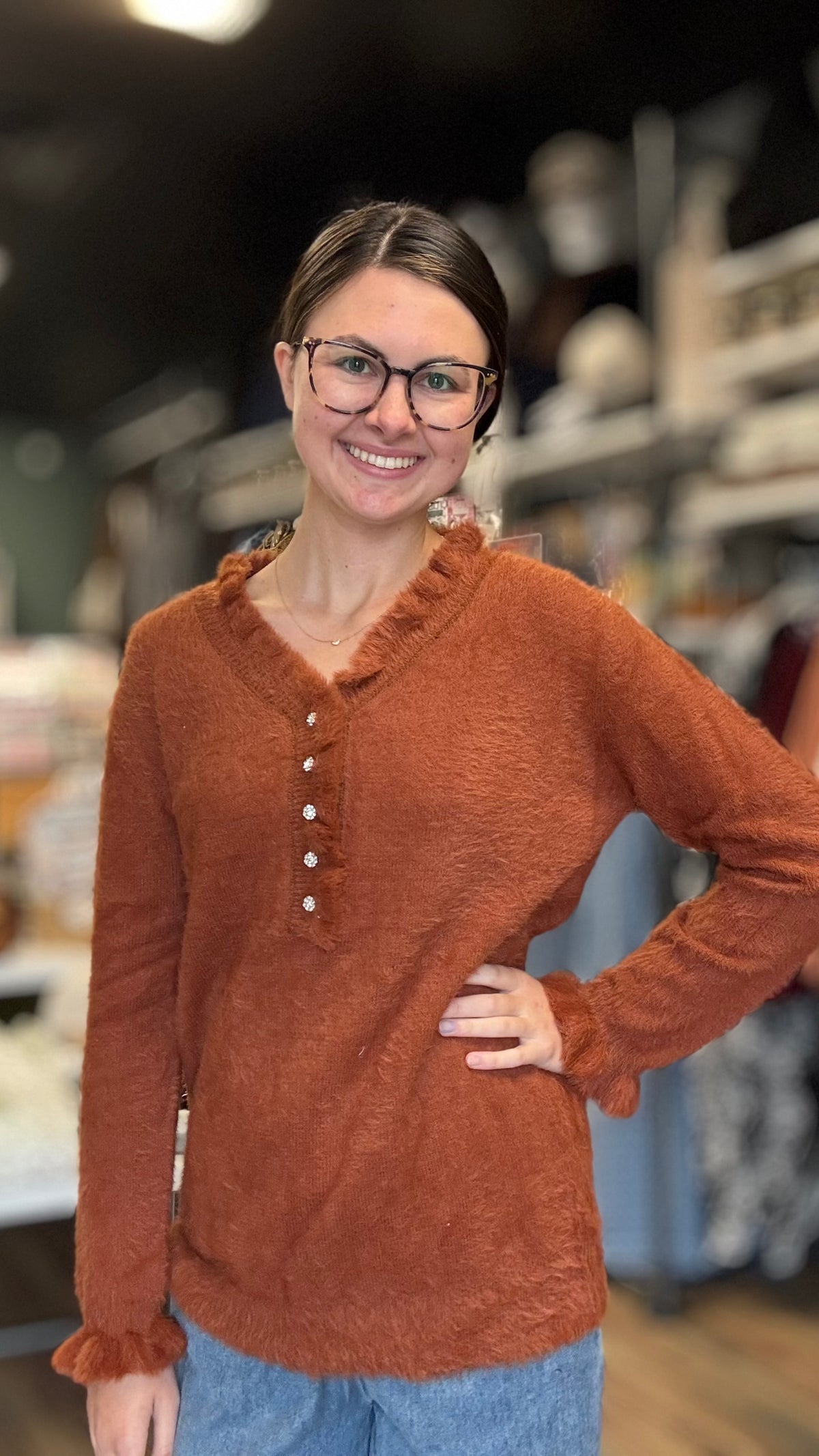 Rust Fuzzy Ruffle Sweater