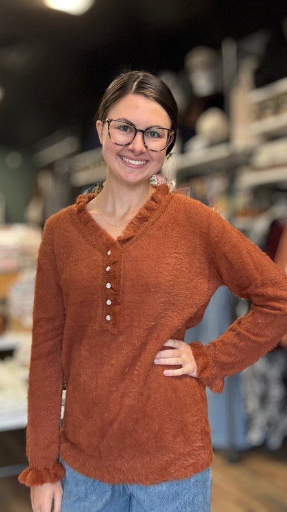 Rust Fuzzy Ruffle Sweater