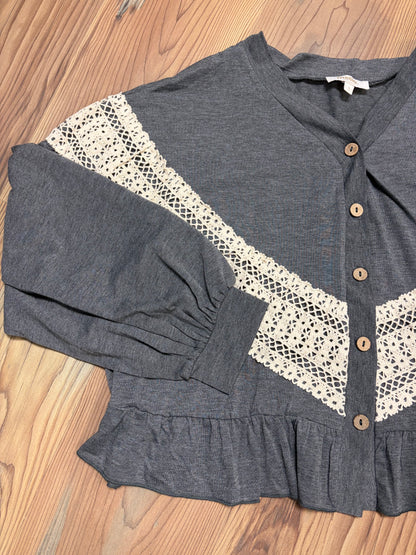 Grey Lace Trim V Neck