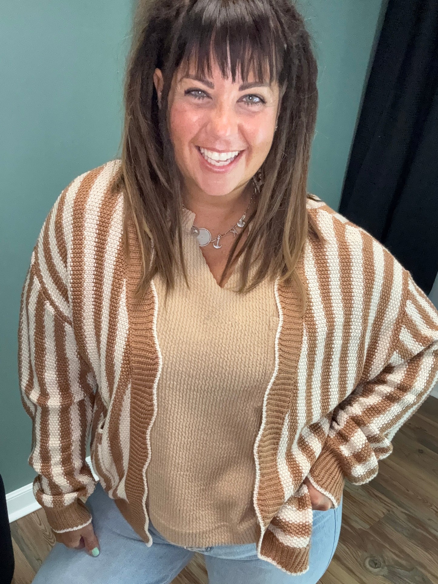 Camel Cream Striped Cardi