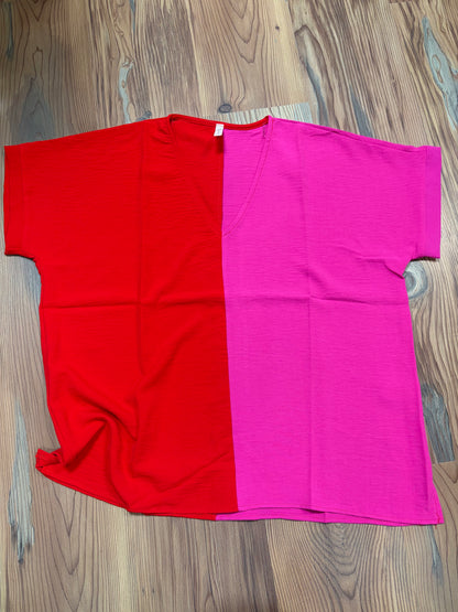 Red Fuchsia V Neck Top