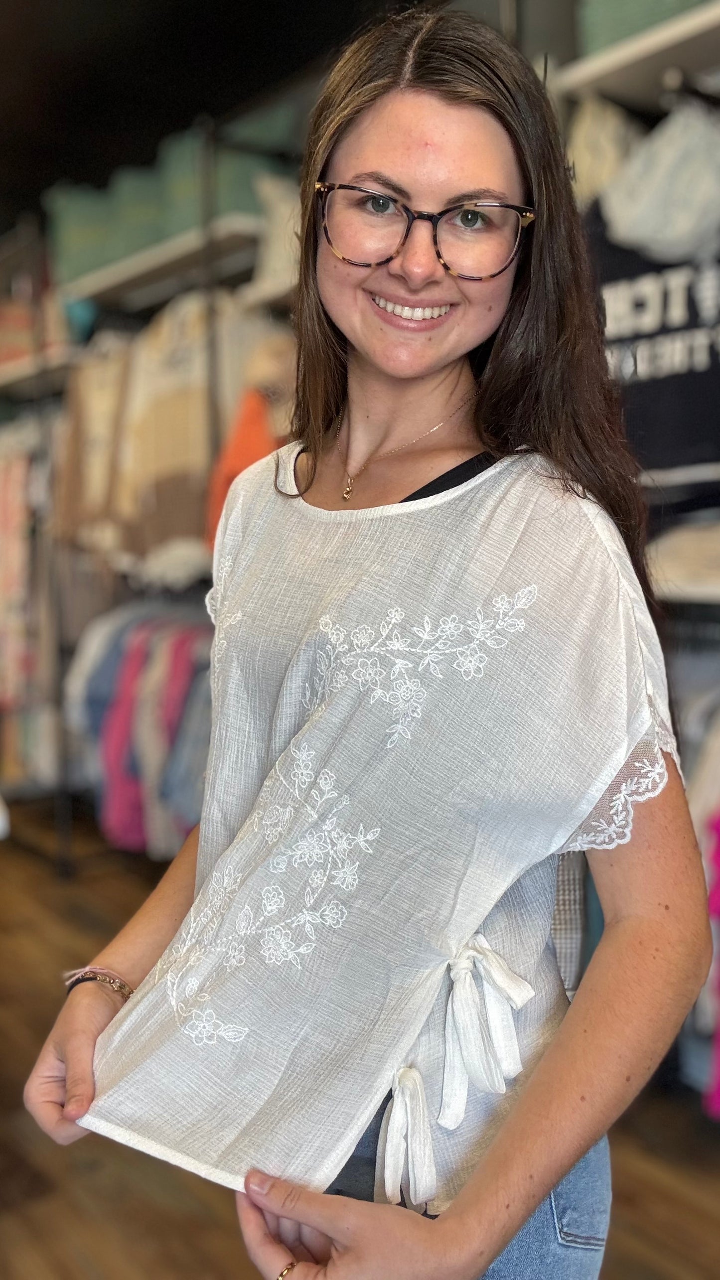 White Embroidered Tie-Side Top