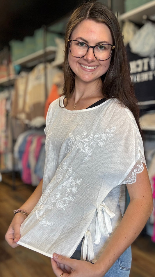 White Embroidered Tie-Side Top